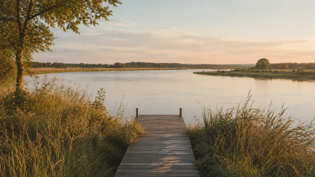 Cichy krajobraz nad wodą w złotej godzinie, sugerujący światło, przestrzeń i spokój.